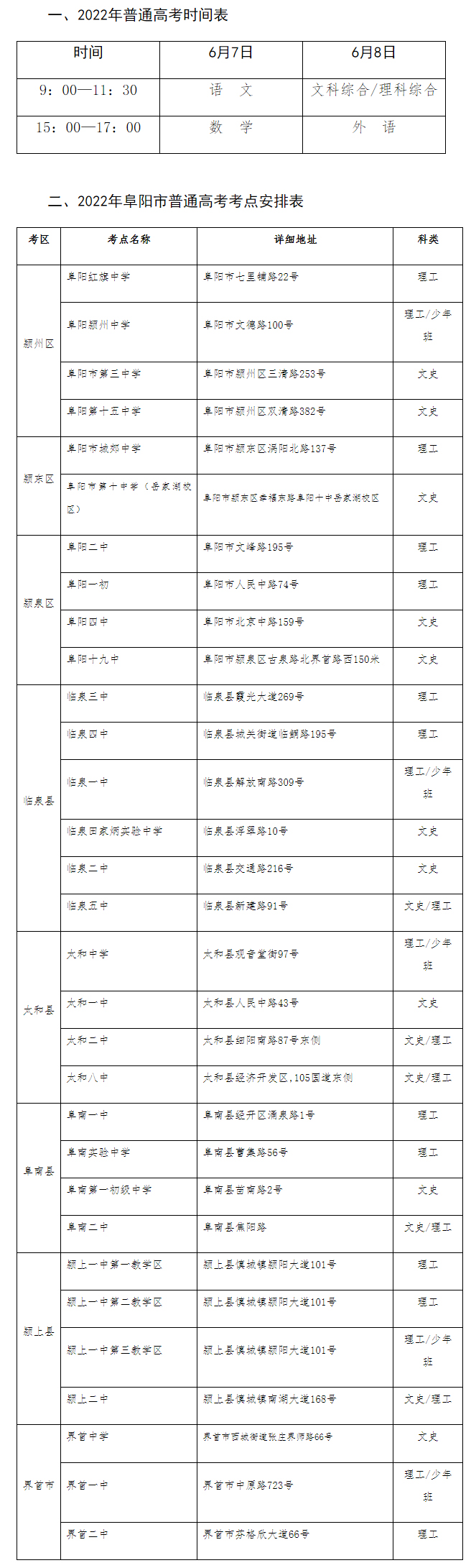 2022年阜陽(yáng)市普通高考考點(diǎn)和考試時(shí)間安排 - 阜陽(yáng)市教育局.jpg